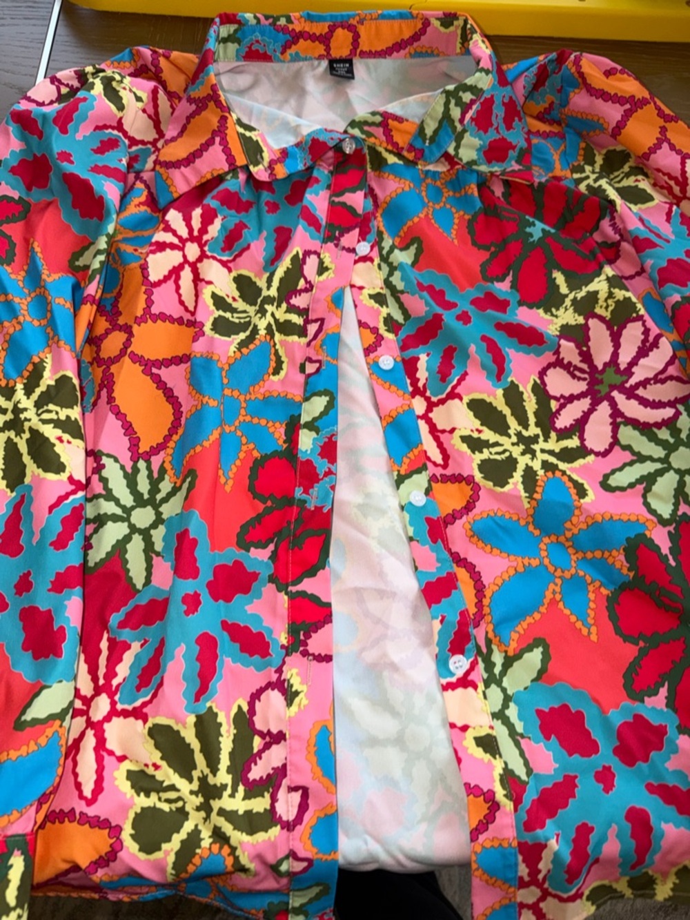 SHEIN Multicolor Floral Print Button-Up Shirt — Pink, Orange, Turquoise, Green